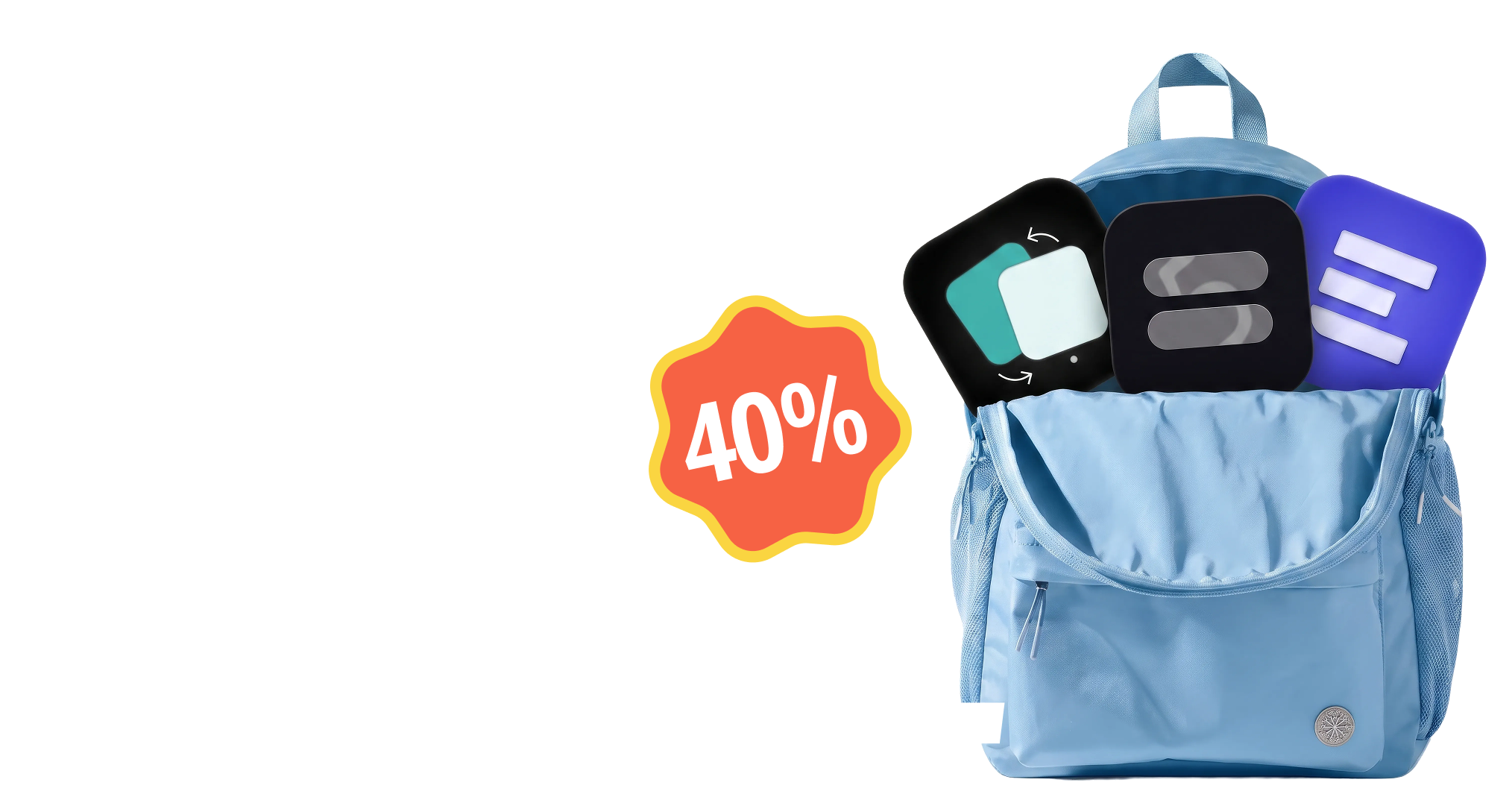 Back to school offer with a backpack and 40% discount badge
