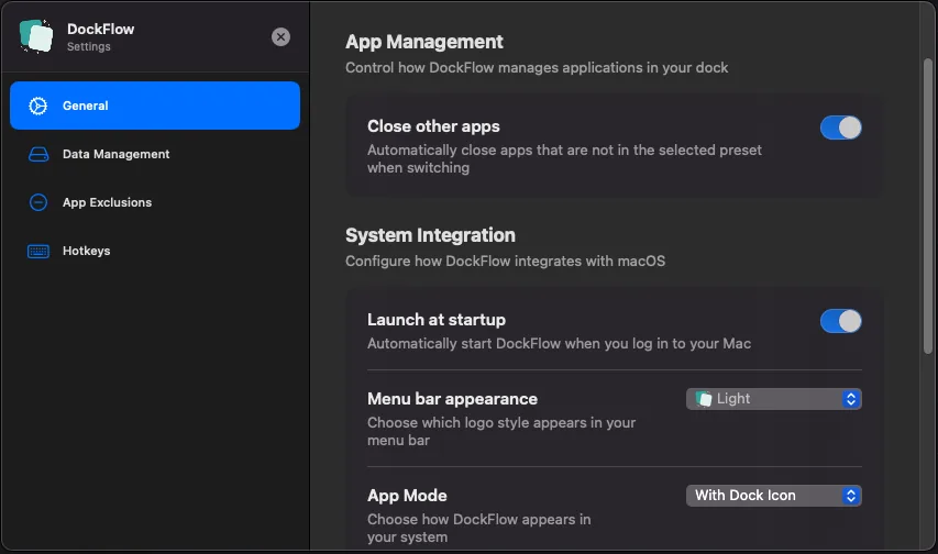 The new DockFlow Settings screen