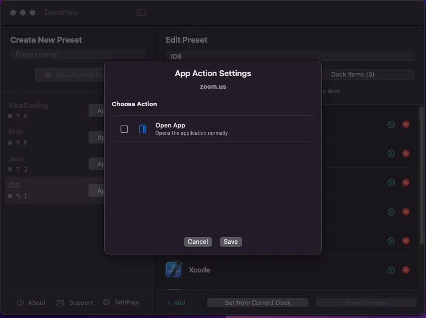 The App Action settings screen opened from the cog icon on an app