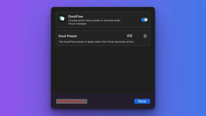 The DockFlow Focus Filter settings in macOS