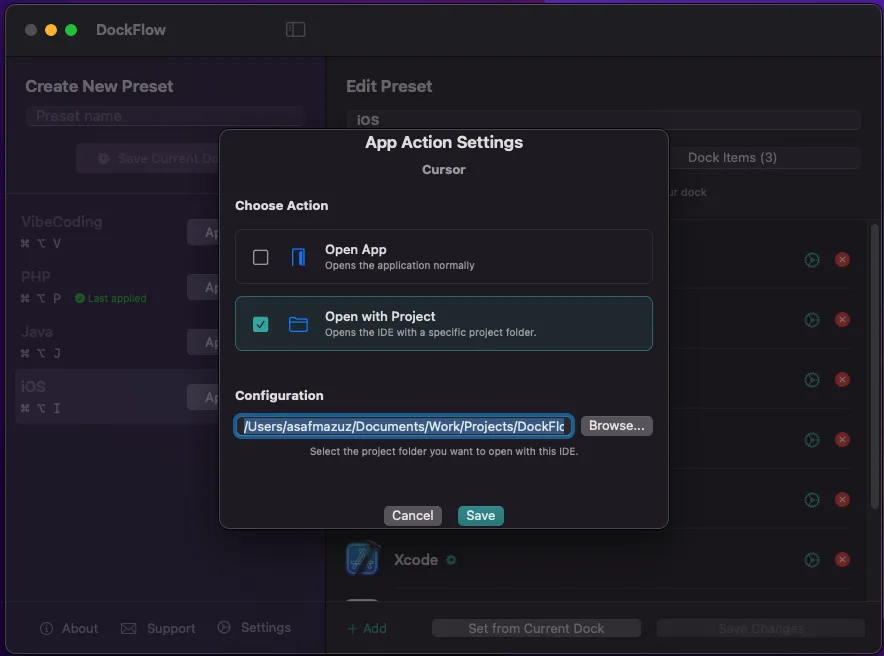 App Action settings when selecting an IDE