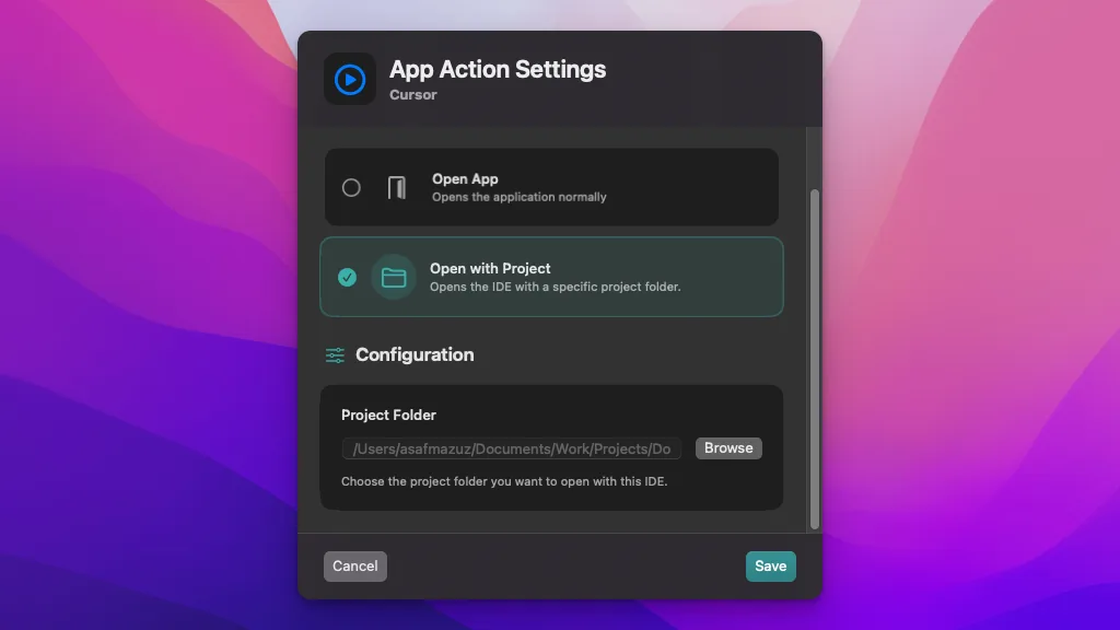 The redesigned App Action settings
