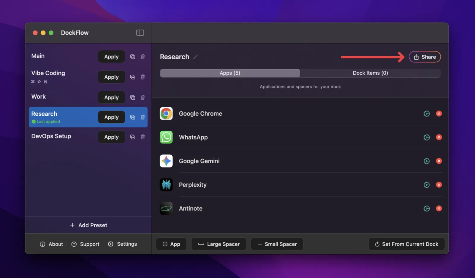 The Share button on a DockFlow preset, which uploads it to DockShare