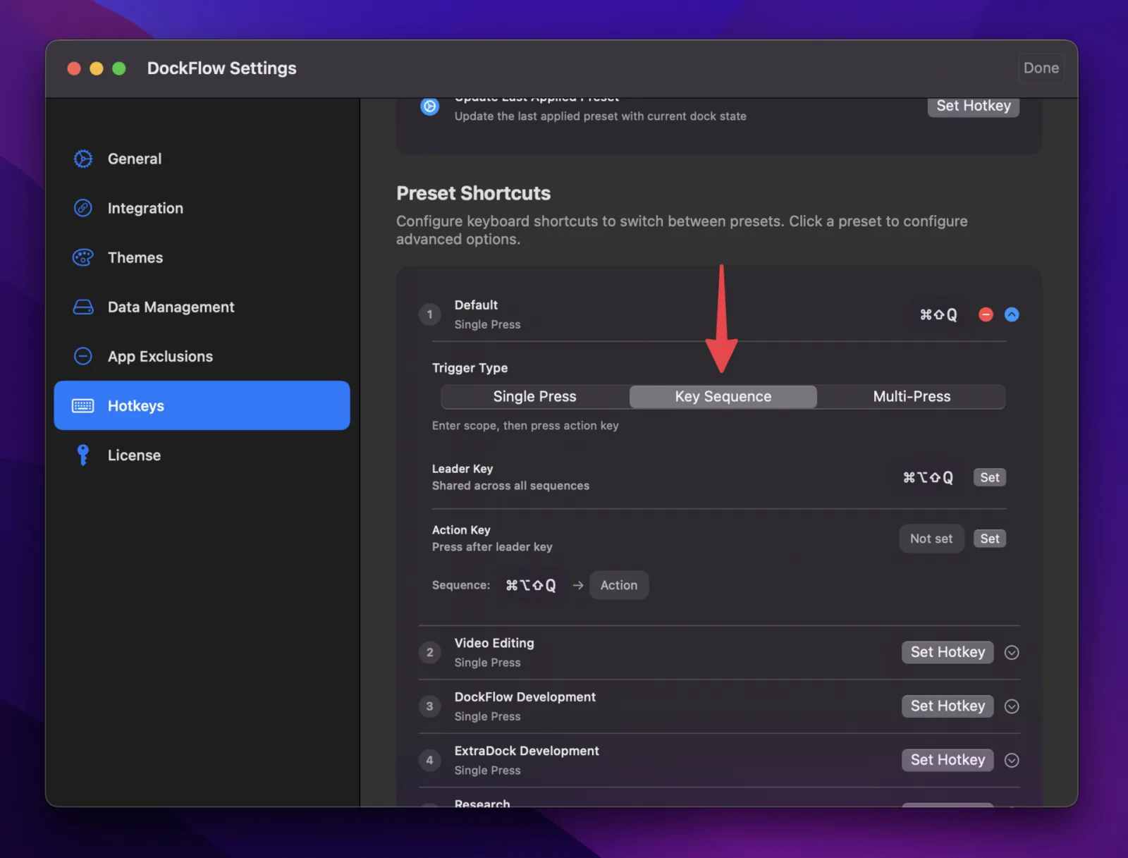 Hotkey settings with multi press and leader key options