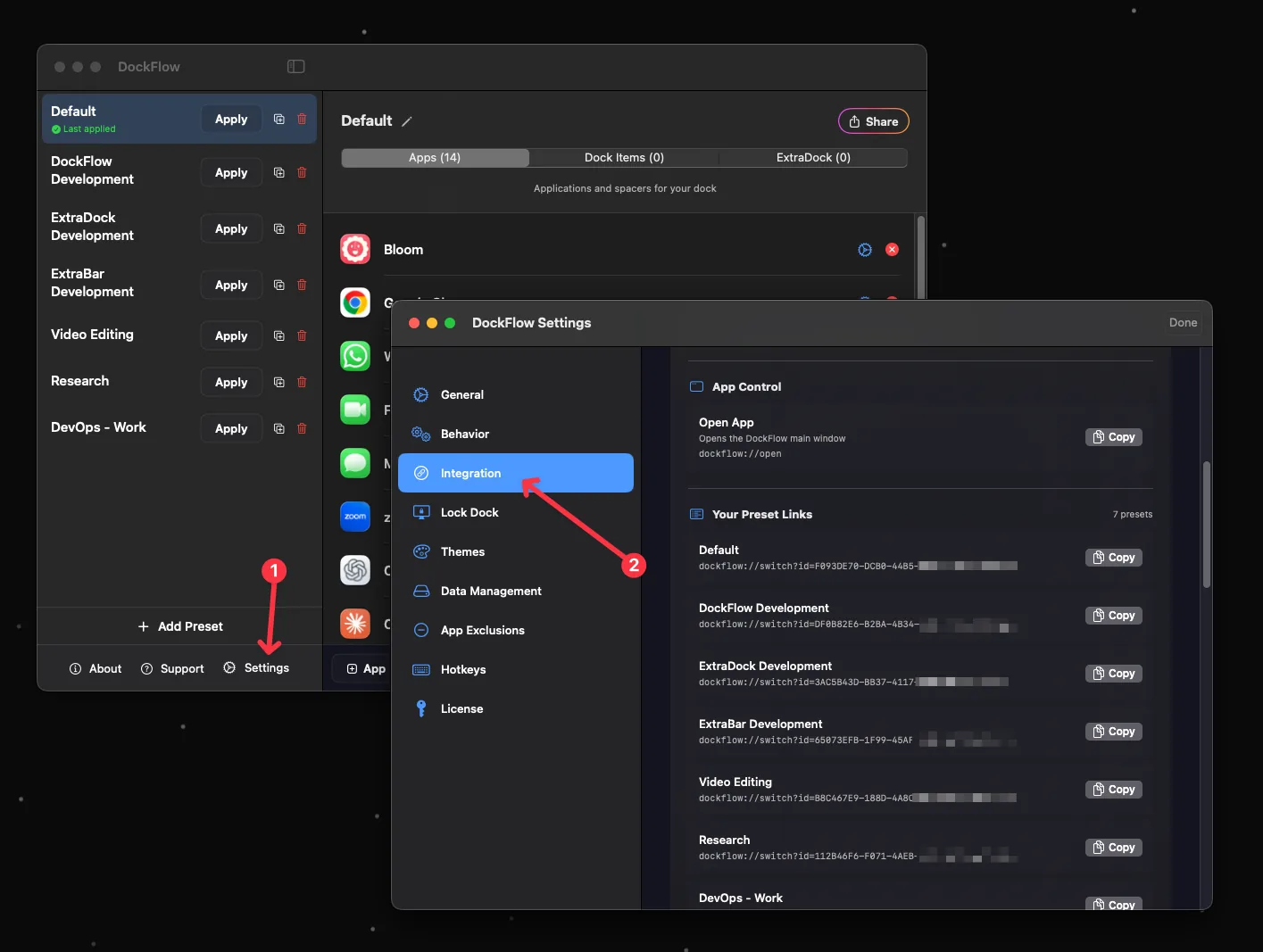 Deep links settings in DockFlow