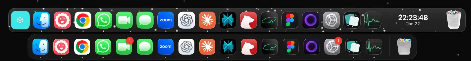The native macOS Dock next to an ExtraDock Live Dock widget on a second screen