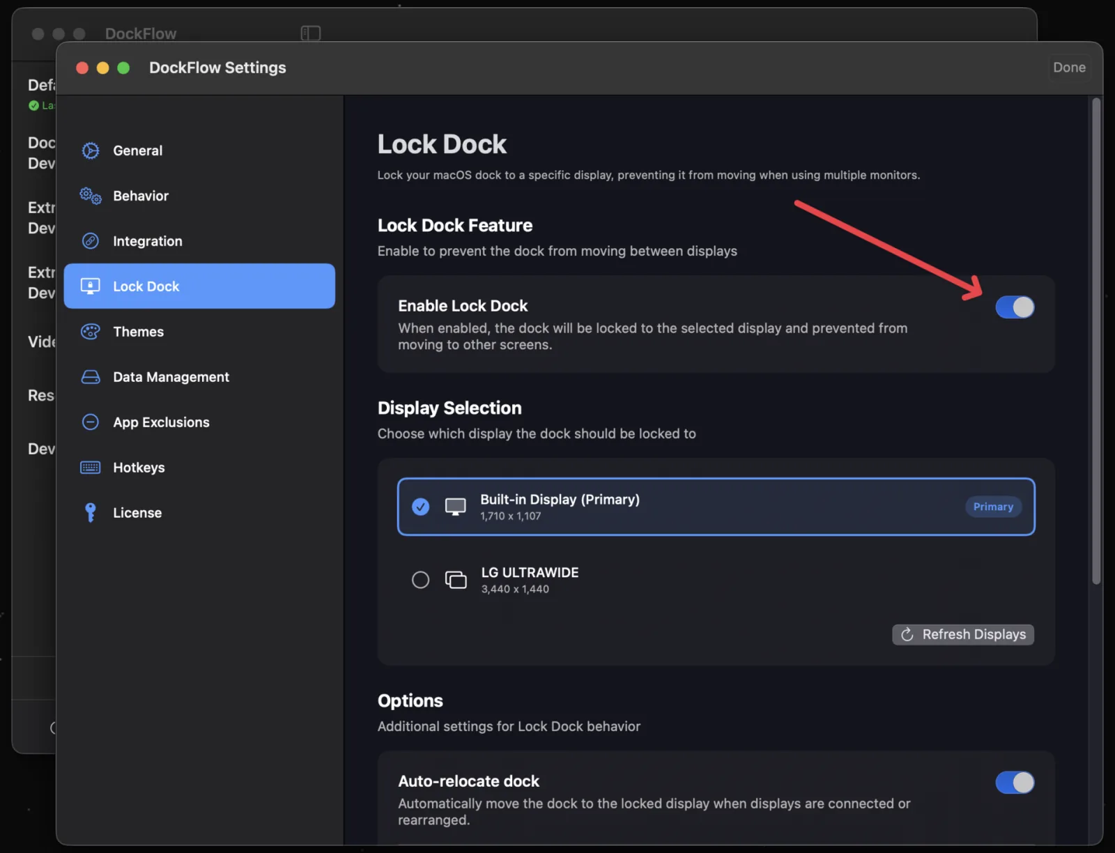 Lock Dock settings with a screen picker