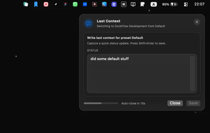 The Last Context prompt asking for a note before switching presets