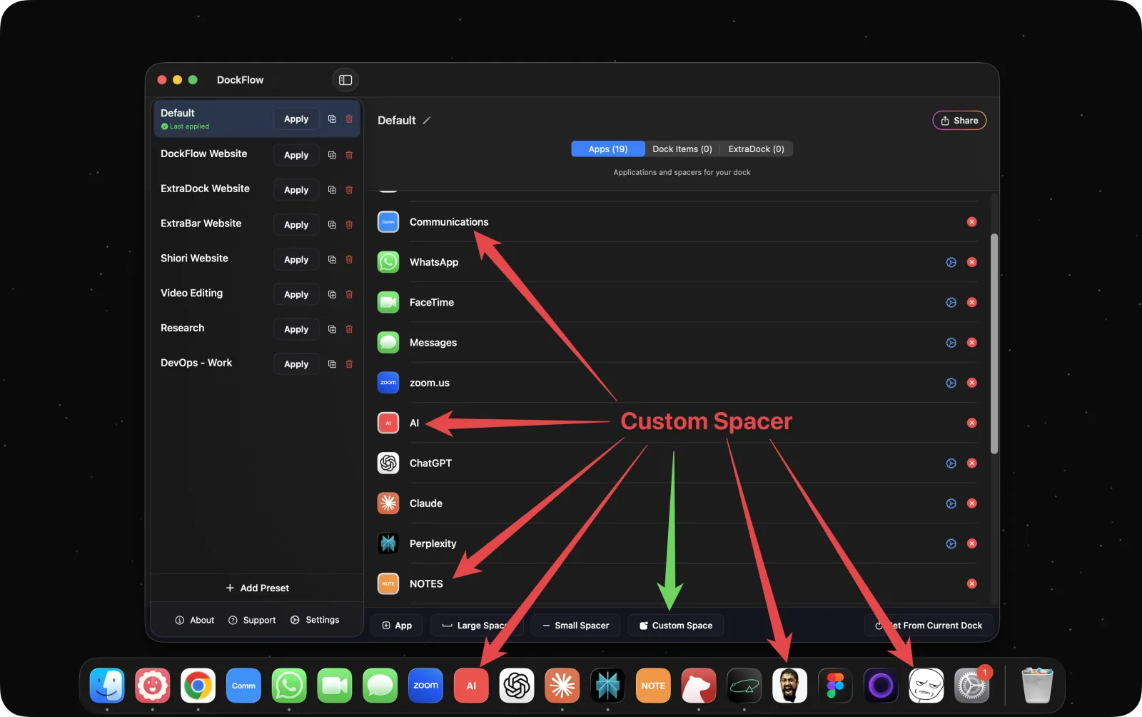 A Dock with custom spacers made of text and images between app groups