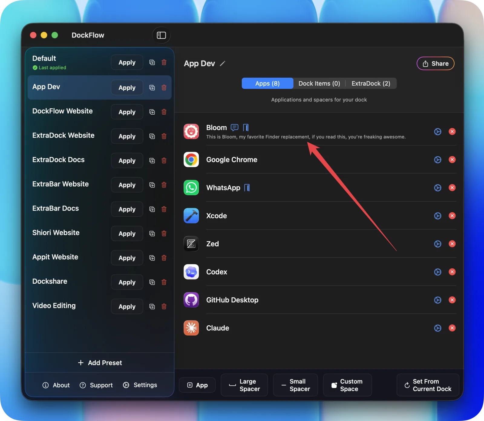 A note shown below an app name in the preset editor