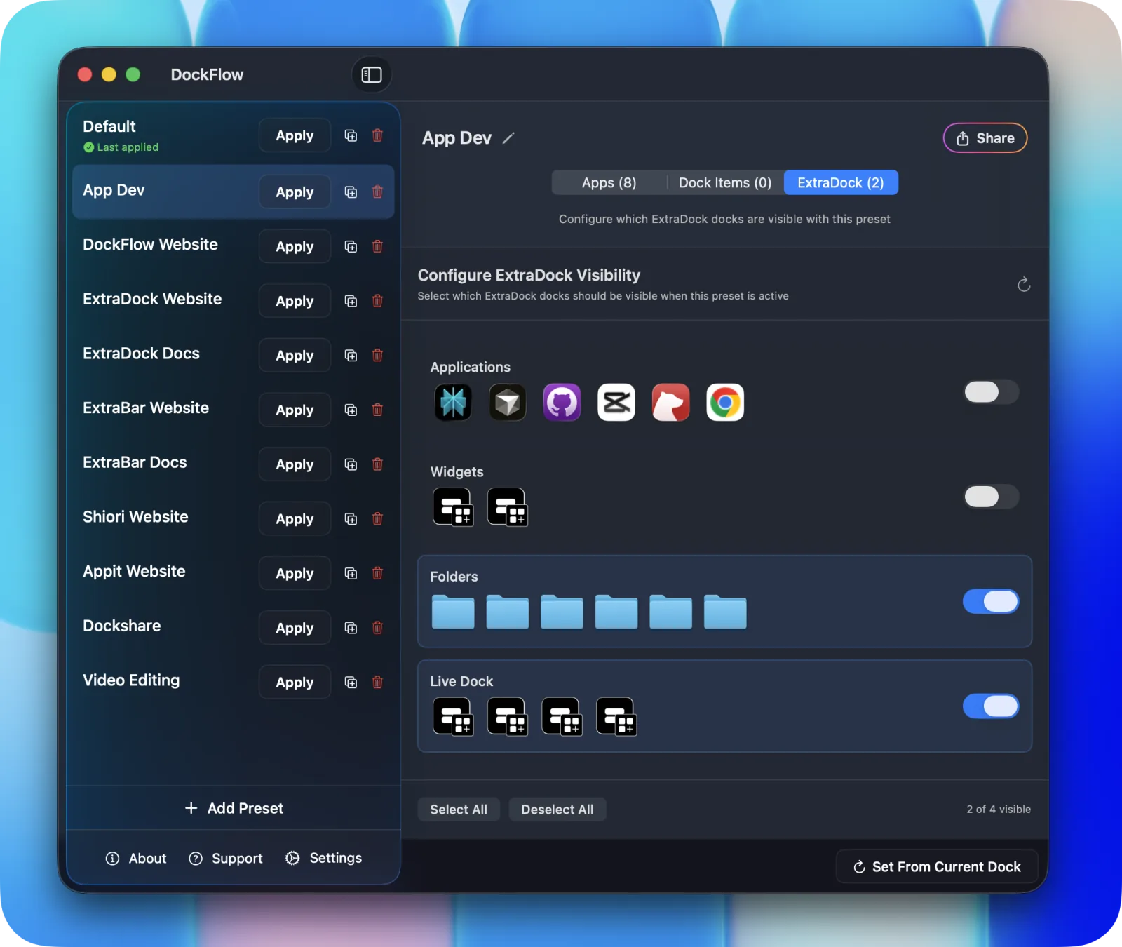 ExtraDock docks discovered by DockFlow with app icons and widget previews