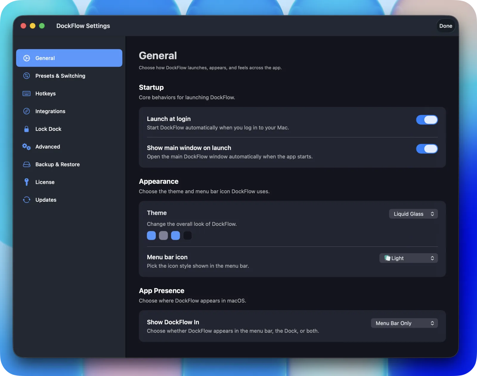 The reorganized DockFlow settings window