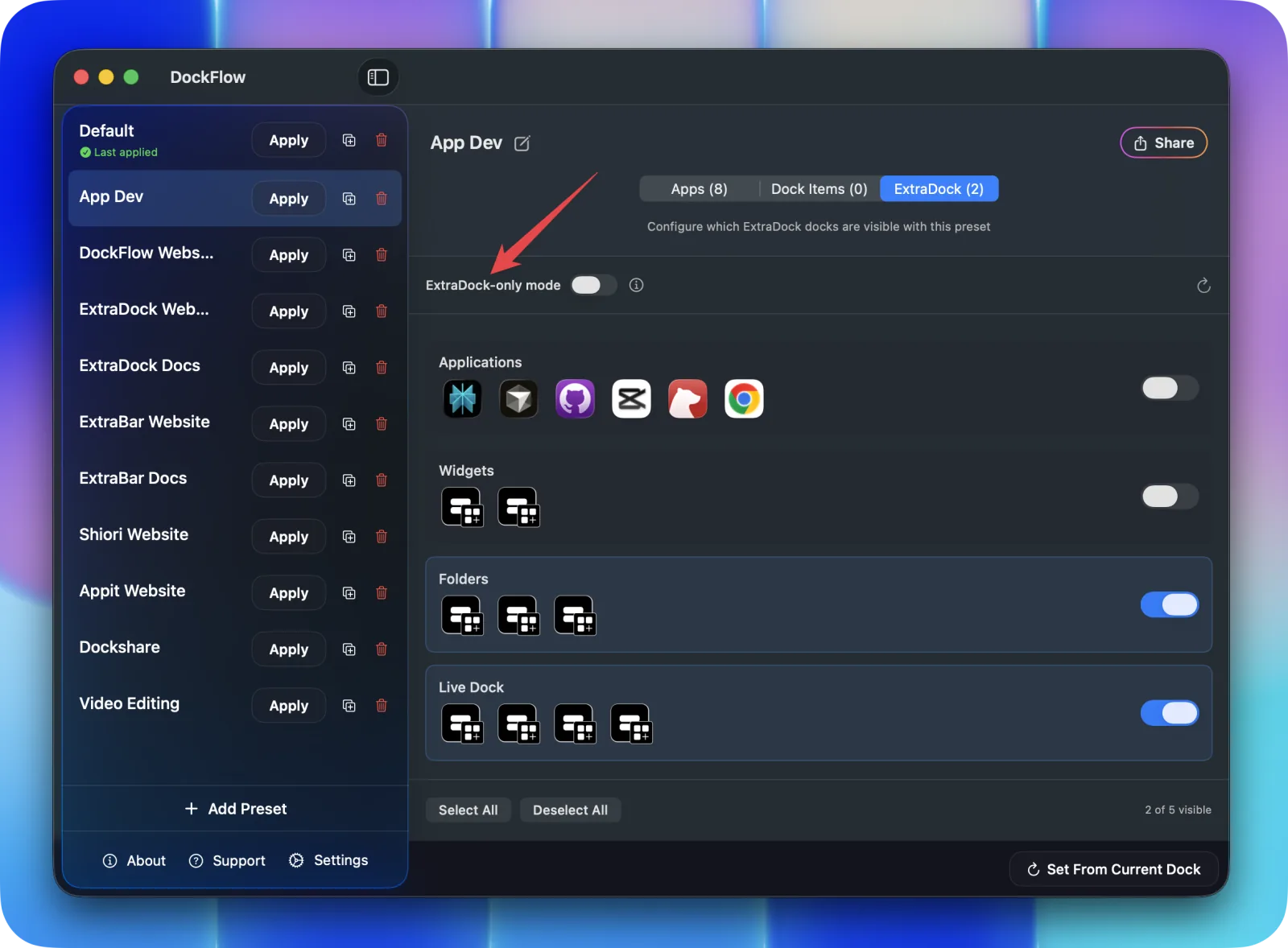 Preset settings with ExtraDock only mode enabled and a list of docks to show or hide
