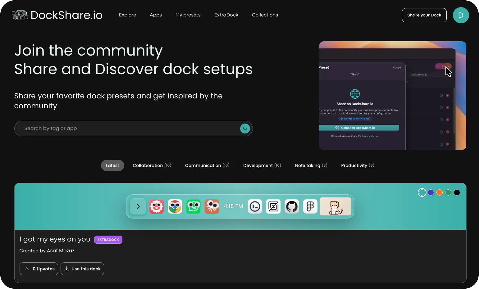 DockShare showing shared ExtraDock dock setups