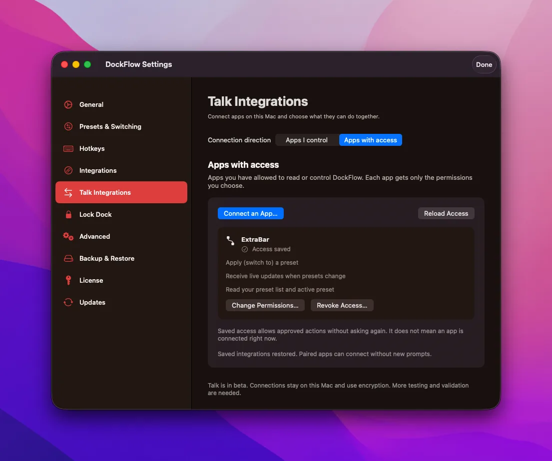 Talk Integrations settings showing the ExtraBar pairing screen