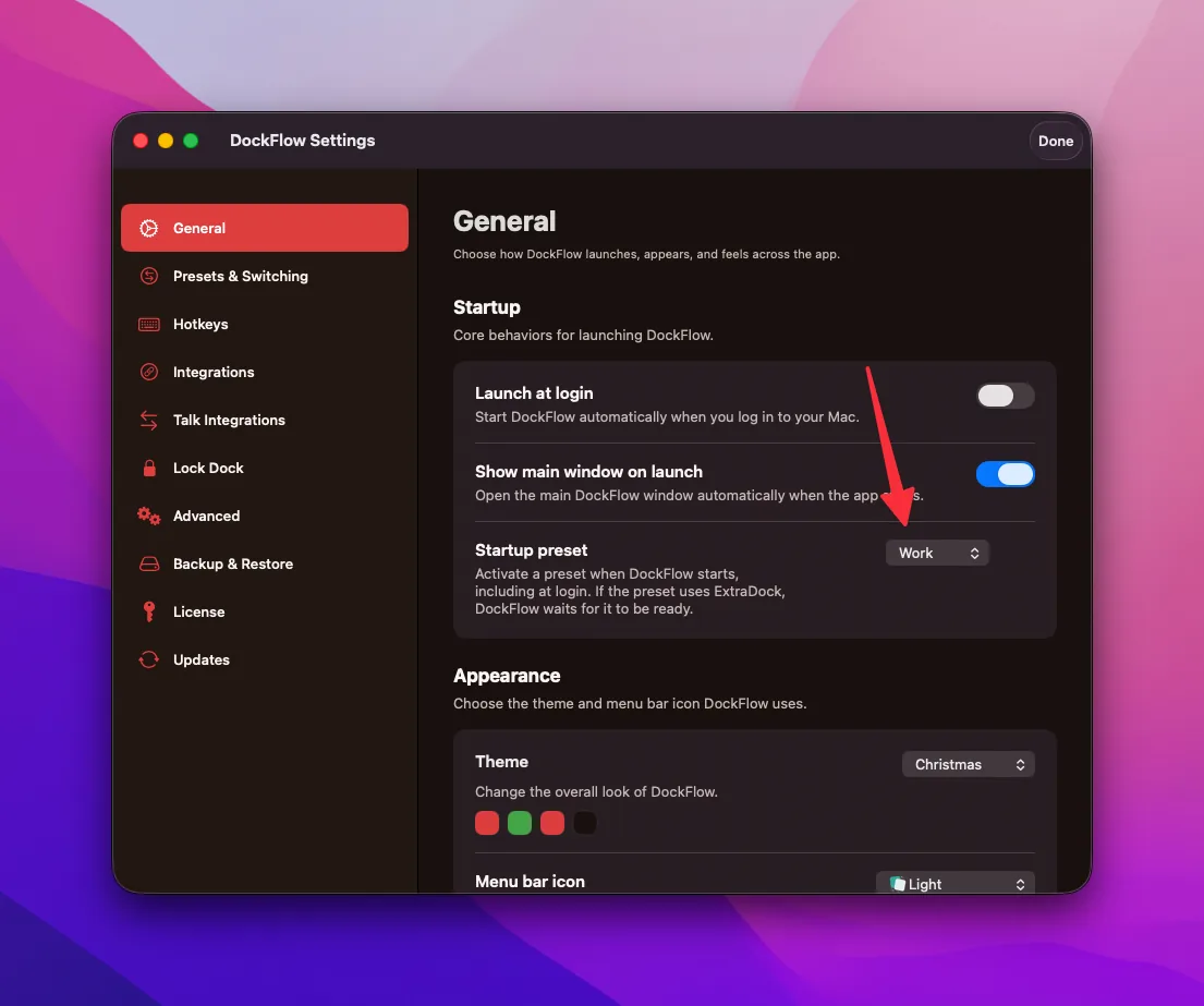 General settings with the new startup preset picker