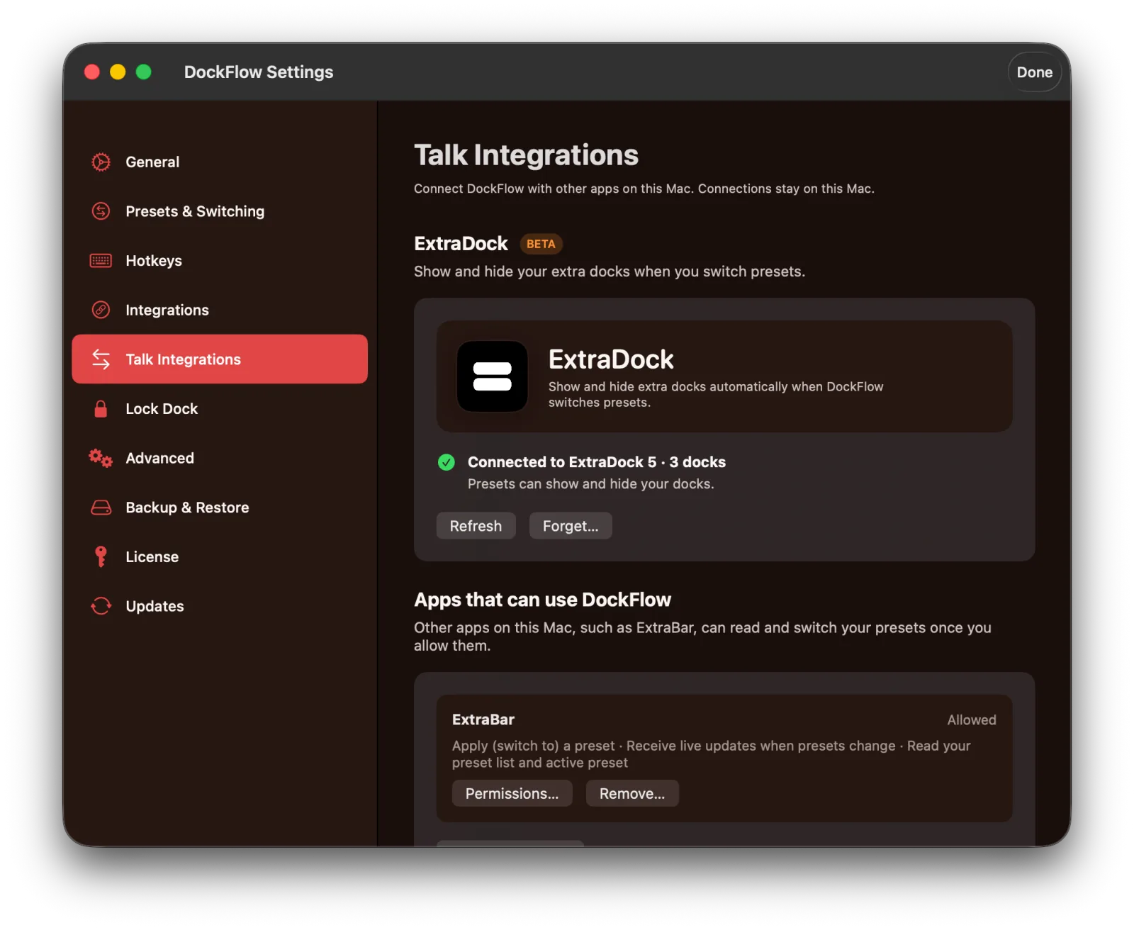 DockFlow preset settings with Use Talk to control ExtraDock enabled and the ExtraDock dock list