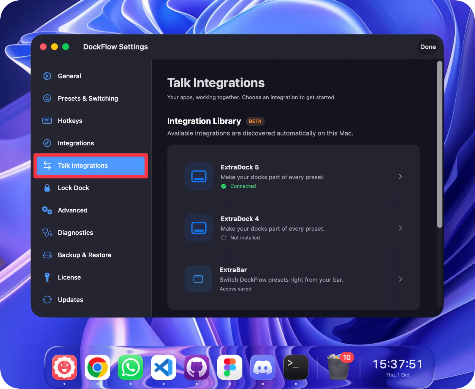 DockFlow Integrations library listing ExtraDock 5, ExtraDock 4, and ExtraBar as separate entries
